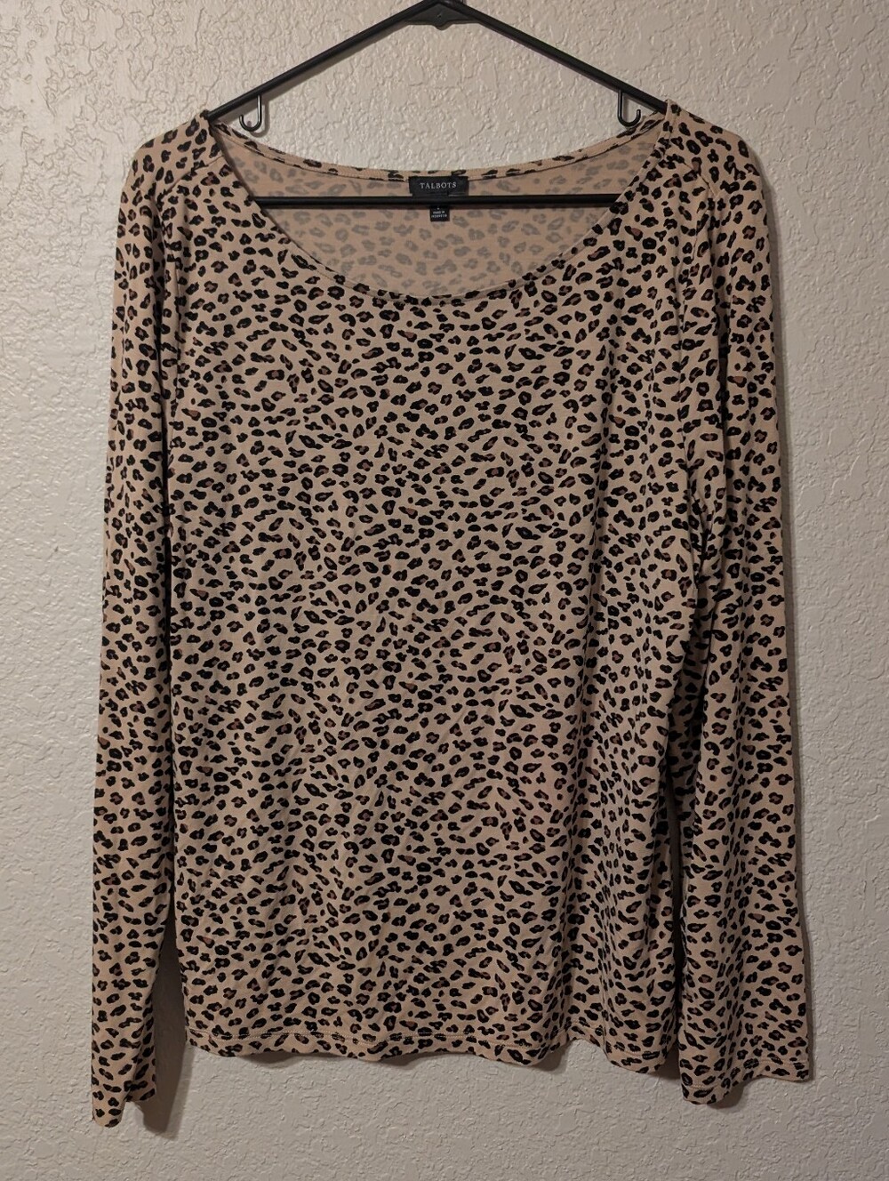 Talbots Leopard Print Long Sleeve Top, Round Neck Blouse, Size Large
